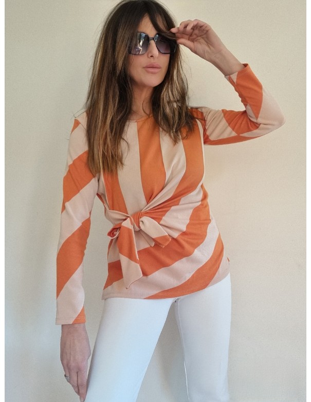 Maglia Rigata Beige Arancio con Fiocco
