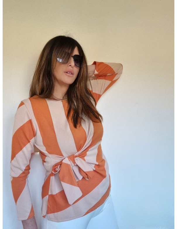 Maglia Rigata Beige Arancio con Fiocco