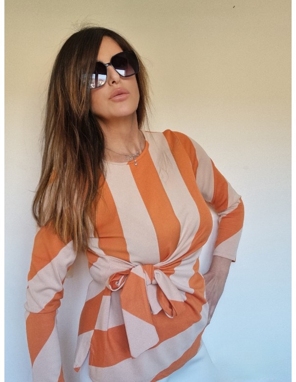 Maglia Rigata Beige Arancio con Fiocco