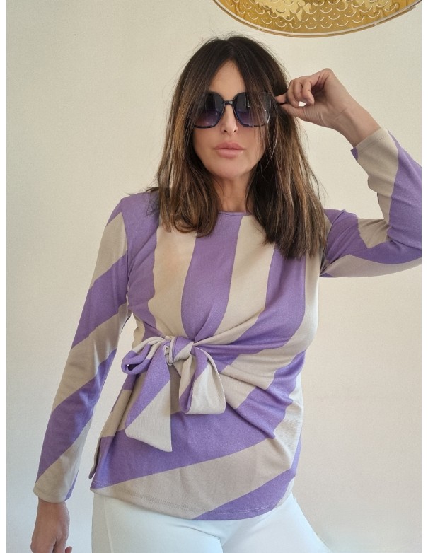 Maglia Rigata Beige Lilla con Fiocco