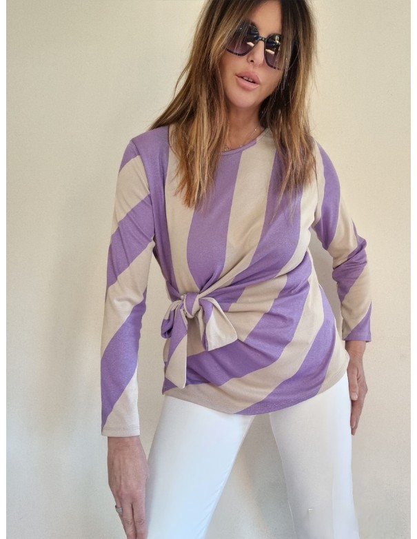 Maglia Rigata Beige Lilla con Fiocco